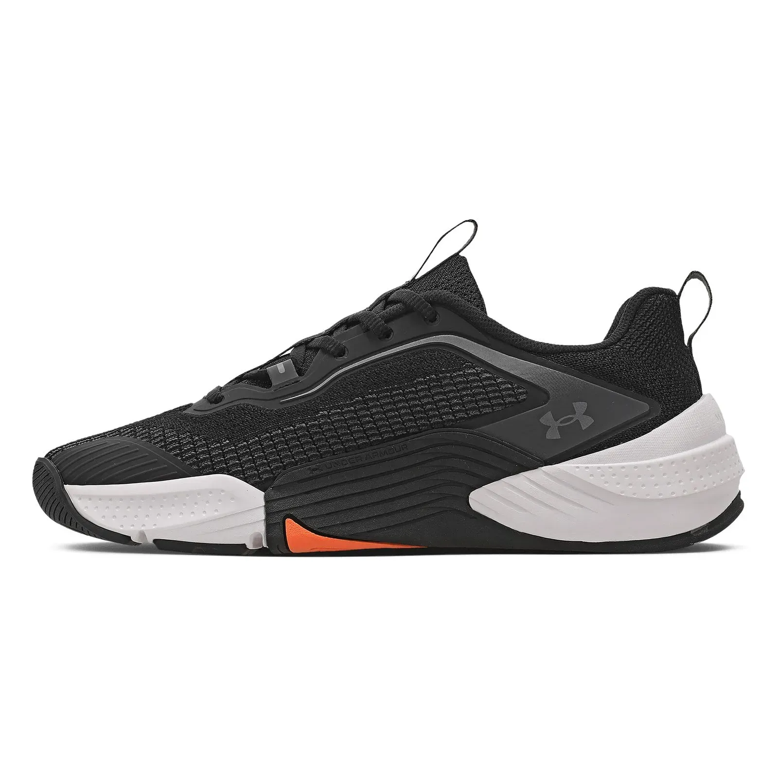 Tênis Under Armour Tribase Reps 2 preto com detalhes em branco e laranja, vista lateral direita.